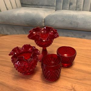 Red glass decorative dish and candle votive set